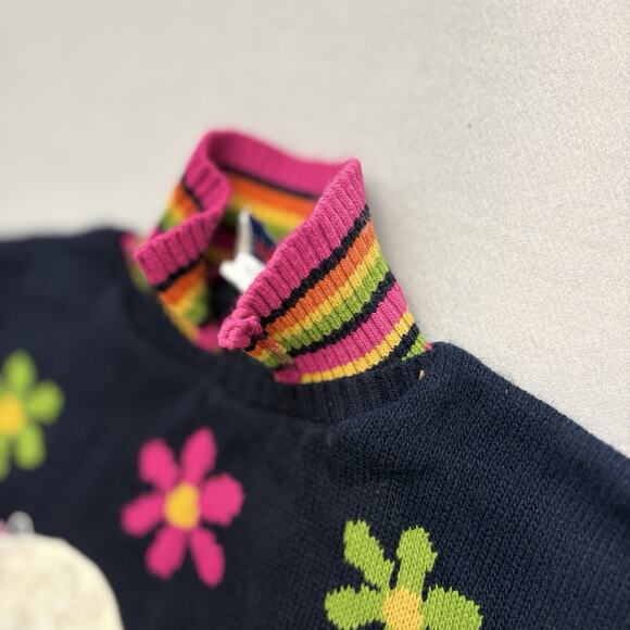 VTG 80s Heartworks Navy 3D Shaggy Dog Sweater Knit Collared Flowers Size 7/8 - Picture 6 of 10